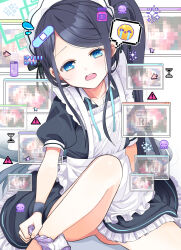 Rule 34 | !, 1girl, absurdres, apron, aris (blue archive), aris (maid) (blue archive), arm support, bandaid, black dress, black hair, black wristband, blue archive, blue eyes, blush, censored, commentary request, crying emoji, dress, emoji, flat chest, flying sweatdrops, frilled apron, frilled skirt, frills, halo, hayashidahana, highres, legs, long hair, looking at viewer, maid, maid apron, maid headdress, mosaic censoring, multiple cursors, no panties, octopus, official alternate costume, on floor, open collar, open mouth, panties, unworn panties, pill bottle, pixel art, puffy short sleeves, puffy sleeves, purple panties, short sleeves, side ponytail, sidelocks, sitting, skirt, solo, sparkle, spoken emoji, teeth, thighs, underwear, upper teeth only, very long hair, white apron, white background, window (computing)