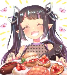 Rule 34 | 1girl, :d, black hair, black jacket, black shirt, blouse, blunt bangs, blush, bread, breasts, cake, cleavage, closed eyes, commentary request, cream puff, demon girl, demon horns, food, fruit, heart, heart print, horns, jacket, jewelry, kojo anna, kojo anna (1st costume), kuzuhana, long hair, medium breasts, melon bread, mochi, multicolored hair, nanashi inc., off shoulder, open clothes, open jacket, open mouth, pastry, plate, pointy ears, print shirt, purple hair, ring, see-through, see-through cleavage, see-through shirt, shirt, sleeveless, sleeveless shirt, smile, solo, sparkle, strawberry, sugar lyric, transparent background, twintails, two-tone hair, upper body, virtual youtuber, whipped cream, zipper