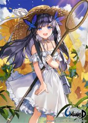 Rule 34 | 1girl, bag, black hair, blue bag, blue eyes, blue sky, brown hat, butterfly hair ornament, choker, cloud, cloudy sky, collarbone, commentary request, cowboy shot, dress, field, flower, flower field, frilled dress, frills, hair ornament, hat, long hair, looking at viewer, mo:oku, off-shoulder dress, off shoulder, official art, open mouth, original, ribbon, ribbon choker, shoulder bag, sky, solo, spaghetti strap, straw hat, summer, sun hat, sundress, sunflower, sunflower field, teeth, unleashed, upper teeth only, very long hair, white dress, white ribbon