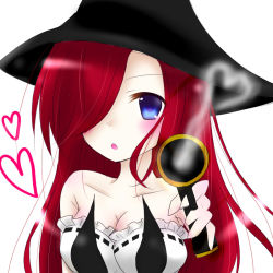 Rule 34 | 1girl, :o, bare shoulders, blue eyes, breasts, cleavage, collarbone, gun, hair over one eye, hat, heart, kinoko0120, league of legends, long hair, red hair, miss fortune (league of legends), smoke, solo, upper body, weapon