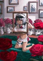 Rule 34 | 1girl, absurdres, barefoot, black hair, breasts, bridal garter, collar, commentary request, detached collar, empty picture frame, flower, frilled collar, frills, full body, highres, holding, indoors, kagenoyuhi, kneeling, looking at viewer, maid, maid headdress, medium breasts, medium hair, microskirt, navel, neck ribbon, on floor, original, picture frame, red eyes, red flower, red ribbon, red rose, ribbon, rose, rug, skirt, solo, unconventional maid, underboob, vase, white skirt