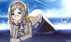Rule 34 | 10s, 2girls, blue sky, breasts, brown hair, cloud, collared shirt, day, epaulettes, folded ponytail, gendo0032, gendo0033, glasses, gloves, green eyes, jacket, kantai collection, katori (kancolle), large breasts, lying, military, military uniform, miniskirt, multiple girls, necktie, on stomach, outdoors, pantyhose, riding crop, shimakaze (kancolle), shipyard, shirt, skirt, sky, smile, uniform, water, white gloves