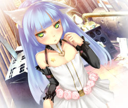 Rule 34 | 1girl, absurdres, animal ears, ar nosurge, bare shoulders, blue hair, blunt bangs, blush, cat ears, detached sleeves, dutch angle, flat chest, green eyes, highres, long hair, looking at viewer, ntny, official art, sarly planck, solo, surge concerto, tattoo