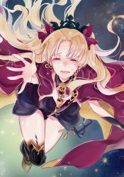 Rule 34 | 1girl, artist name, bad id, bad pixiv id, black dress, black thighhighs, blonde hair, blush, bow, cloak, closed eyes, dress, ereshkigal (fate), facing viewer, fate/grand order, fate (series), floating hair, gloves, hair bow, long hair, nose blush, open mouth, outstretched arm, purple bow, signature, single glove, single thighhigh, smile, solo, space, tears, teeth, thighhighs, thighs, tohsaka rin, wavy hair, yukimiya yuge