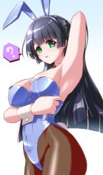 Rule 34 | 1girl, ?, animal ears, black hair, black pantyhose, blue leotard, blunt bangs, breasts, commentary request, cowboy shot, d4dj, detached collar, gradient background, green eyes, highres, hiraken, large breasts, leotard, long hair, necktie, pantyhose, playboy bunny, rabbit ears, rabbit tail, red necktie, solo, spoken question mark, standing, strapless, strapless leotard, tail, togetsu rei, white background, wrist cuffs