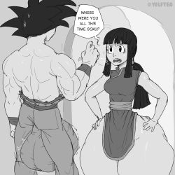Rule 34 | 1boy, 1girl, angry, ass, breasts, bulge, chi-chi (dragon ball), clothes, dragonball z, english text, hand on own thigh, highres, huge ass, huge testicles, long hair, medium breasts, monochrome, muscular, muscular male, open mouth, son goku, speech bubble, sweatdrop, testicles, thick thighs, thighs, yelftea