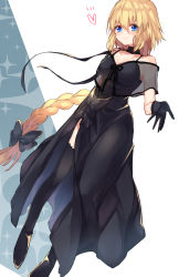 Rule 34 | 1girl, 40 (0f0urw), black bow, black choker, black dress, black gloves, black ribbon, black thighhighs, blonde hair, blue eyes, blush, bow, braid, braided ponytail, breasts, choker, cleavage, closed mouth, collarbone, dress, fate/grand order, fate (series), floating hair, gloves, grey background, hair between eyes, hair bow, highres, jeanne d&#039;arc (fate), jeanne d&#039;arc (formal dress) (fate), jeanne d&#039;arc (ruler) (fate), long dress, long hair, medium breasts, ribbon, shiny skin, side slit, sleeveless, sleeveless dress, smile, solo, spaghetti strap, standing, thighhighs, very long hair