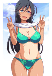 Rule 34 | 10s, 1girl, :d, ahoge, bare arms, bare shoulders, bikini, bikini under clothes, black hair, blue eyes, blue sky, blush, breasts, cleavage, clothes lift, collarbone, cowboy shot, day, double v, girls und panzer, gluteal fold, green bikini, hair between eyes, highres, isuzu hana, large breasts, lifted by self, long hair, nakamura yukitoshi, navel, open mouth, outdoors, shiny skin, shirt lift, simple background, sky, smile, solo, standing, stomach, swimsuit, tan, tanline, thigh gap, v, white background