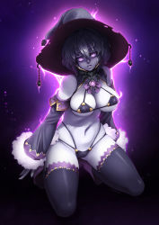 Rule 34 | 1girl, artist name, aura, barbariank, bare shoulders, bikini, bikini warriors, black thighhighs, breasts, colored skin, cosplay, detached sleeves, fur trim, glowing, glowing eyes, grey hair, hat, highres, large breasts, lich (monster girl encyclopedia), looking at viewer, mage (bikini warriors), mage (bikini warriors) (cosplay), md5 mismatch, monster girl, monster girl encyclopedia, navel, purple eyes, purple skin, short hair, signature, skull, solo, source request, squatting, swimsuit, thighhighs, witch hat