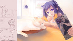 Rule 34 | 1girl, absurdres, animal ears, arm rest, bare arms, cat, cellphone, commentary, copyright request, extra ears, gradient hair, highres, holding, holding phone, hololive, hololive english, indoors, long hair, multicolored hair, ninomae ina&#039;nis, open mouth, orange hair, outstretched arm, phone, pointy ears, purple eyes, purple hair, selfie, sidelocks, sleeveless, smartphone, smile, table, takodachi (ninomae ina&#039;nis), tallgeese (lgeesel), teeth, upper teeth only, virtual youtuber