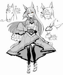Rule 34 | 1girl, animalization, ankle boots, boots, bow, bright pupils, closed eyes, commentary request, creature and personification, dress, ear ornament, frilled sleeves, frills, greyscale, hair between eyes, highres, horse, horse girl, long hair, long sleeves, looking at viewer, meme, monochrome, oh! pamo-san (meme), race bib, real life, red eyes, satono diamond (racehorse), satono diamond (umamusume), sleeves past fingers, sleeves past wrists, snort, spot color, tail, tail bow, tail ornament, takatsuki nato, thighhighs, thighhighs under boots, translated, umamusume, visible air