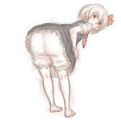 Rule 34 | 1girl, ass, barefoot, bent over, black dress, blonde hair, bloomers, blush, clothes lift, dress, dress lift, full body, hair ribbon, kuro suto sukii, looking at viewer, looking back, red eyes, ribbon, rumia, shirt, short sleeves, simple background, sketch, solo, touhou, underwear, white background
