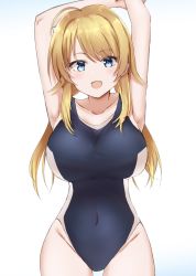 Rule 34 | 1girl, ahoge, armpits, arms up, black one-piece swimsuit, blonde hair, blue eyes, breasts, competition swimsuit, covered navel, cowboy shot, gradient background, hachimiya meguru, highres, idolmaster, idolmaster shiny colors, kousi sirazawa, large breasts, looking at viewer, low twintails, one-piece swimsuit, smile, solo, standing, swimsuit, twintails, white background