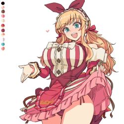 Rule 34 | 1girl, blonde hair, bow, breasts, clothes lift, color guide, dress, green eyes, idolmaster, idolmaster cinderella girls, large breasts, limited palette, looking at viewer, low twintails, official alternate costume, ohtsuki yui, red bow, skirt, skirt lift, smile, solo, spot color, striped clothes, striped dress, toriga naku, twintails, wavy hair, white background