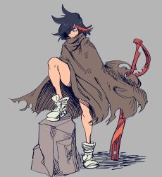 Rule 34 | 1girl, absurdres, black hair, brown cape, brown cloak, cape, cloak, disheveled, full body, haidenisa, hair over one eye, highres, kill la kill, long bangs, matoi ryuuko, multicolored hair, no pants, official alternate costume, one eye covered, planted, planted sword, planted weapon, red hair, revealing clothes, sanpaku, scissor blade (kill la kill), scowl, short hair, simple background, solo, streaked hair, sword, thighs, torn cape, torn cloak, torn clothes, two-tone hair, weapon, white footwear