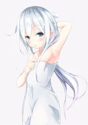 Rule 34 | 10s, 1girl, :o, armpits, arms behind head, bare shoulders, dripping, green eyes, hibiki (kancolle), kantai collection, kiomota, long hair, looking at viewer, naked towel, open mouth, silver hair, solo, towel, wet