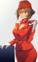 Rule 34 | 1girl, alternate costume, brown hair, flight attendant, flipped hair, formal, garrison cap, gloves, green eyes, hat, kantai collection, kasumi (skchkko), long sleeves, looking at viewer, mutsu (kancolle), pencil skirt, red scarf, red shirt, red skirt, red suit, scarf, shirt, short hair, skirt, skirt suit, smile, solo, travel attendant, suit, uniform, white gloves