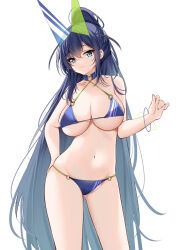 Rule 34 | 1girl, absurdres, azur lane, bikini, blue bikini, blue collar, blue eyes, blue hair, bracelet, breasts, catnnn, closed mouth, collar, cowboy shot, eyewear on head, hand up, high ponytail, highres, jewelry, large breasts, long hair, looking at viewer, navel, new jersey (azur lane), new jersey (midsummer leisure) (azur lane), simple background, skindentation, solo, stomach, swimsuit, thighs, very long hair, white background