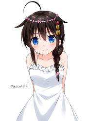 Rule 34 | 1girl, ahoge, alternate costume, arms behind back, bad id, bad pixiv id, bare shoulders, black hair, blue eyes, blush, braid, breasts, closed mouth, collarbone, dress, flower, frilled dress, frills, hair between eyes, hair flaps, hair flower, hair ornament, hair over shoulder, hoshino kagari, kantai collection, leaning forward, long hair, looking at viewer, pink flower, shigure (kancolle), shigure kai ni (kancolle), simple background, single braid, sleeveless, sleeveless dress, small breasts, smile, solo, twitter username, white background, white dress