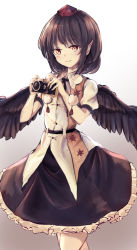 Rule 34 | 1girl, bad id, bad pixiv id, belt, black hair, black skirt, black wings, camera, closed mouth, collared shirt, commentary, cowboy shot, feathered wings, gradient background, hat, holding, holding camera, leaf, leaf print, looking at viewer, petticoat, pointy ears, pom pom (clothes), puffy short sleeves, puffy sleeves, red eyes, shameimaru aya, shirt, short hair, short sleeves, skirt, smile, solo, tokin hat, touhou, white shirt, wings, yukitourou
