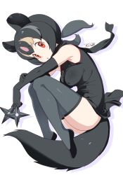 Rule 34 | 1girl, aye-aye (kemono friends), bare shoulders, black dress, black footwear, black gloves, black hair, black thighhighs, breasts, china dress, chinese clothes, commentary, dress, elbow gloves, full body, gloves, highres, impossible clothes, impossible dress, kemono friends, looking at viewer, low twintails, masuyama ryou, medium breasts, multicolored hair, open mouth, red eyes, shoes, shuriken, simple background, sleeveless, sleeveless dress, solo, tail, thighhighs, twintails, weapon, white background