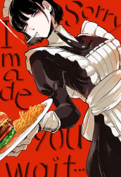 Rule 34 | 1girl, apron, black hair, black skirt, breasts, burger, cigarette, collared shirt, dress, earrings, english text, food, french fries, fufu (fufuichi04), grey eyes, highres, holding, holding plate, jewelry, long sleeves, maid, maid headdress, original, plate, red background, shirt, short hair, skirt, solo, white apron