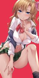 Rule 34 | 1girl, amesuku gyaru, black socks, blonde hair, blue eyes, blush, bow, bowtie, breasts, cleavage, finger to mouth, fingernails, green skirt, gyaru, hair ornament, hair scrunchie, highres, index finger raised, jacket, knee up, kogal, large breasts, long hair, looking at viewer, midriff peek, miniskirt, navel, one side up, open clothes, open skirt, red background, red bow, red bowtie, sanshoku amido, school uniform, scrunchie, shirt, shushing, simple background, skirt, smile, socks, solo, strategic lovers, white shirt