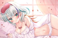 Rule 34 | 1girl, aqua eyes, aqua hair, babydoll, bare legs, bed sheet, blush, breasts, cleavage, closed mouth, collarbone, commentary request, curtains, eye mask, hamico, indie virtual youtuber, lingerie, looking at viewer, loungewear, lying, medium breasts, multicolored hair, navel, on side, orange hair, petals, pillow, purple hair, shigoku tobi, smile, solo, streaked hair, underwear, virtual youtuber, white babydoll, window