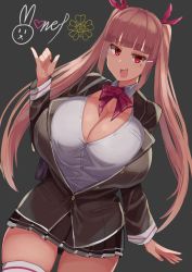 Rule 34 | 1girl, absurdres, amato mone (facominn), breasts, brown hair, cleavage, facominn, fang, highres, huge breasts, long hair, looking at viewer, open mouth, original, red eyes, smile, solo, tagme, twintails