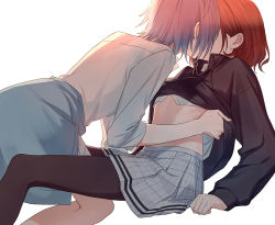 Rule 34 | 2girls, asakura toru, azmodan, between legs, black jacket, black legwear, blue jacket, brown hair, clothes around waist, clothes lift, commentary request, earrings, feet out of frame, higuchi madoka, idolmaster, idolmaster shiny colors, jacket, jacket around waist, jacket lift, jewelry, kiss, kneeling, lifting another&#039;s clothes, long sleeves, multiple girls, pantyhose, plaid, purple hair, reclining, shirt, shirt lift, short hair, simple background, skirt, sleeves rolled up, stomach, stud earrings, undressing another, white background, white shirt, white skirt, yuri