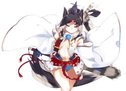 Rule 34 | 1girl, animal ears, armor, bad id, bad pixiv id, black hair, black hat, blue eyes, blue gloves, blue panties, breasts, detached sleeves, facial mark, fate/grand order, fate (series), forehead mark, fox ears, fox tail, gloves, hat, holding, holding sword, holding weapon, japanese armor, kusazuri, long hair, looking at viewer, medium breasts, navel, no bra, otokuyou, panties, pom pom (clothes), revealing clothes, side ponytail, simple background, solo, sword, tail, thighs, underwear, ushiwakamaru (fate), weapon, white background, wide sleeves