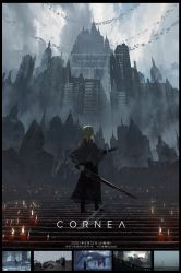 Rule 34 | 1girl, absurdres, asteroid ill, blonde hair, building, candle, castle, character name, city, cornea (asteroid ill), embers, english text, fog, from side, hair over eyes, highres, holding, holding sword, holding weapon, original, outstretched hand, overcast, poncho, poster (medium), ruins, scenery, sky, solo, stairs, sword, tree, weapon