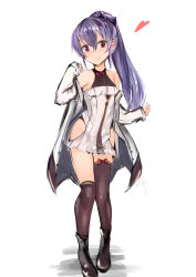 Rule 34 | 1girl, asymmetrical legwear, bare shoulders, black footwear, boots, bow legwear, brown thighhighs, full body, heart, highres, hip vent, long hair, looking at viewer, muoto, original, ponytail, purple hair, red eyes, simple background, smile, solo, thighhighs, undressing, uneven legwear, white background