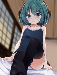 Rule 34 | 1girl, animal ears, bad id, bad pixiv id, bare arms, bed sheet, black thighhighs, collarbone, competition school swimsuit, green eyes, green hair, hair between eyes, indoors, kasodani kyouko, looking at viewer, one-piece swimsuit, school swimsuit, short hair, sitting, smile, solo, sweat, swimsuit, tail, thighhighs, touhou, uguisu mochi (ykss35)