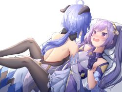 2girls ahoge bare_shoulders black_bodysuit blue_hair blush bodysuit breasts cone_hair_bun detached_sleeves double_bun dress frilled_gloves frills ganyu_(genshin_impact) genshin_impact gloves goat_horns hair_bun hair_ornament horns keqing_(genshin_impact) long_hair low_ponytail medium_breasts multiple_girls open_mouth purple_dress purple_eyes purple_gloves purple_hair seero twintails yuri