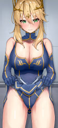 Rule 34 | 1girl, absurdres, artoria pendragon (fate), artoria pendragon (lancer) (fate), blonde hair, blush, braid, breasts, cleavage, clothes lift, crown, fat mons, fate/grand order, fate (series), french braid, fukuidesu0110, gloves, gluteal fold, green eyes, hair between eyes, highres, large breasts, leotard, long hair, sidelocks, skirt, skirt lift, sleeveless, sleeveless turtleneck, solo, sweat, thighs, turtleneck