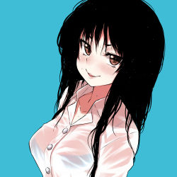 Rule 34 | 1girl, alphy, black hair, blue background, blue bra, bra, brown eyes, buttons, collarbone, collared shirt, eyelashes, fon (alphy), long hair, looking at viewer, original, parted lips, pink lips, see-through, shirt, simple background, smile, solo, underwear, upper body, wet, wet clothes, wet hair, wet shirt, wing collar