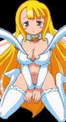 Rule 34 | animated, animated gif, blinking, blonde hair, blush, bouncing breasts, breasts, brown eyes, cleavage, doki doki majo shinpan, large breasts, long hair, lowres, seiya noel, sitting, solo, thighhighs, very long hair, white thighhighs, wings