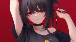 Rule 34 | 1girl, absurdres, alternate hairstyle, arm up, black-haired demon girl (shimmer), black choker, black hair, black nails, black shirt, choker, hand up, highres, looking at viewer, medium hair, nail polish, original, parted lips, red background, red eyes, shimmer, shirt, simple background, single bare shoulder, solo, teeth