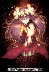 Rule 34 | 10s, 1girl, ;|, bare shoulders, black background, black thighhighs, breasts, brown hair, cleavage, copyright name, fire, flaming hand, flower, hair flower, hair ornament, hand on own stomach, hand up, ishibashi yosuke, long hair, medium breasts, navel, official art, red skirt, skirt, solo, standing, thighhighs, watermark, wixoss