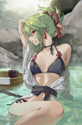 Rule 34 | 1girl, absurdres, arm behind head, arm support, bikini, bikini under clothes, black bikini, breasts, clothing request, commentary, commission, earrings, genshin impact, gosangeee, green hair, hair between eyes, highres, jewelry, kuki shinobu, long hair, looking at viewer, navel, onsen, parted lips, partially submerged, pixiv commission, purple eyes, red nails, rope, shimenawa, side-tie bikini bottom, single bare shoulder, sitting, small breasts, solo, swimsuit, wet