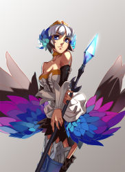 Rule 34 | 1girl, armor, blue eyes, bug, butterfly, crown, detached sleeves, dress, gradient background, greaves, gwendolyn (odin sphere), highres, insect, odin sphere, polearm, pteruges, short hair, solo, spear, strapless, strapless dress, thighhighs, valkyrie, weapon, white hair, wings
