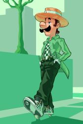 Rule 34 | 1boy, absurdres, alternate costume, bare tree, big nose, blue eyes, boater hat, brown hair, buttons, checkered clothes, checkered footwear, checkered shirt, closed mouth, clothes writing, collared jacket, commentary, english commentary, facial hair, full body, gloves, green background, green footwear, green pants, green theme, half-closed eyes, hands in pockets, heelys, highres, jacket, kingsus, long sleeves, luigi, male focus, mario (series), mustache, nintendo, open clothes, open jacket, outdoors, pants, shirt, shoes, short hair, sneakers, solo, standing, suspenders, toes up, tree, white gloves, yellow headwear