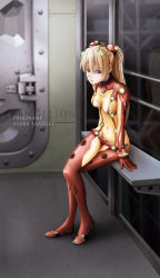 Rule 34 | 00s, 1girl, bench, blue eyes, bodysuit, breasts, character name, copyright name, evangelion: 2.0 you can (not) advance, female focus, hair ornament, highres, long hair, neon genesis evangelion, orange hair, plugsuit, rebuild of evangelion, reflection, sitting, small breasts, solo, souryuu asuka langley, tect, test plugsuit