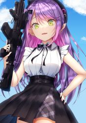 Rule 34 | 1girl, assault rifle, barbell piercing, bare arms, belt, beret, black bow, black bowtie, black hat, black skirt, blue sky, bow, bowtie, braid, breasts, collared shirt, colored inner hair, commentary, cowboy shot, demon girl, ear piercing, fang, french braid, frilled shirt, frills, green eyes, gun, hair bun, hair ornament, hairclip, hand on own hip, hand up, hat, highres, holding, holding gun, holding weapon, hololive, industrial piercing, long hair, looking at viewer, m4 carbine, medium breasts, multicolored hair, nail polish, nidaime (doronbo), official alternate costume, open mouth, outdoors, piercing, pink hair, pink nails, pleated skirt, pointy ears, purple hair, rifle, shadow, shiny clothes, shirt, sidelocks, single side bun, skin fang, skirt, sky, solo, streaked hair, suspender skirt, suspenders, swept bangs, tokoyami towa, trigger discipline, virtual youtuber, weapon