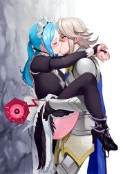 Rule 34 | 1boy, 1girl, armor, arms around neck, black dress, black footwear, black thighhighs, blonde hair, blue cape, blue eyes, blue hair, breasts, bridal gauntlets, cape, closed eyes, clothed sex, commentary, commission, corrin (fire emblem), corrin (male) (fire emblem), dress, english commentary, fire emblem, fire emblem fates, flora (fire emblem), from side, heart, hetero, high heels, highres, impregnation, kiss, large breasts, long hair, long sleeves, maid headdress, motion lines, nintendo, panties, panties around one ankle, panty pull, pointy ears, ponytail, profile, red eyes, sex, standing, suspended congress, sweat, thighhighs, underwear, wazu san