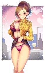 Rule 34 | 10s, 1girl, ;), alcohol, blush, book, braid, breasts, brown eyes, brown hair, brown skirt, cake, cake slice, chair, champagne, champagne bottle, character name, cleavage, clothes lift, cup, denim, denim skirt, desk, drinking glass, earrings, covered erect nipples, food, groin, heart, heart earrings, high-waist skirt, hyodo rena, idolmaster, idolmaster cinderella girls, jewelry, kara (color), large breasts, lifted by self, lingerie, long sleeves, looking at viewer, navel, one eye closed, panties, pencil skirt, pink panties, ponytail, screen, short hair, side braid, single braid, skirt, skirt hold, skirt lift, smile, solo, standing, sweater, sweater lift, table, tablecloth, tareme, television, turtleneck, underwear