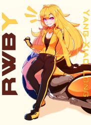 Rule 34 | 1girl, ahoge, arm support, artist name, bandaid, bandaid on face, black footwear, black pants, black shirt, blonde hair, blush, breasts, character name, cleavage, copyright name, facing viewer, fang, fingerless gloves, full body, gloves, grin, happy, highres, jacket, large breasts, leaning against motorcycle, leaning against vehicle, leaning back, long hair, long sleeves, looking at viewer, motor vehicle, motorcycle, multicolored clothes, multicolored footwear, multicolored jacket, multicolored pants, orange scarf, pants, parted lips, partially unzipped, prosthesis, prosthetic arm, purple eyes, rwby, sachiko shirayuki, scarf, shirt, shoes, single glove, smile, solo, standing, teeth, vehicle, yang xiao long, yellow footwear, yellow jacket, yellow pants, zipper