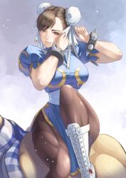 Rule 34 | 1boy, 1girl, boots, breasts, brown eyes, brown hair, capcom, chun-li, earrings, edmond honda, girl on top, highres, jewelry, large breasts, legs, looking at viewer, pantyhose, pelvic curtain, shiny clothes, sitting, sitting on person, smile, street fighter, sumo, thighs