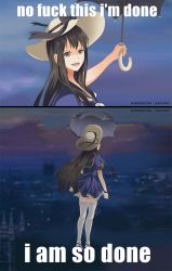 Rule 34 | 1girl, 2koma, beta (joutarou), black hair, blue ribbon, brown eyes, brown hair, comic, dress, english text, false smile, floating, from behind, hat, highres, iowa (pacific), kantai collection, lace, lace-trimmed dress, lace trim, long hair, mary poppins, meme, mole, mole under eye, open mouth, pacific (kancolle), parody, profanity, ribbon, ribbon-trimmed legwear, ribbon trim, shaded face, smile, split screen, sun hat, text focus, thighhighs, umbrella, wrist ribbon